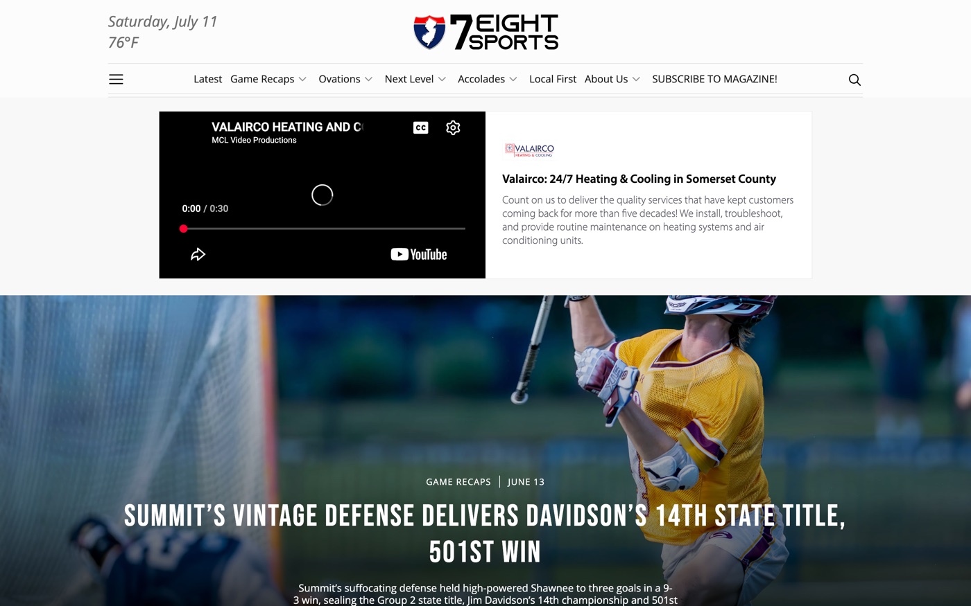 7Eight Sports website — editorial homepage for a New Jersey high-school sports magazine