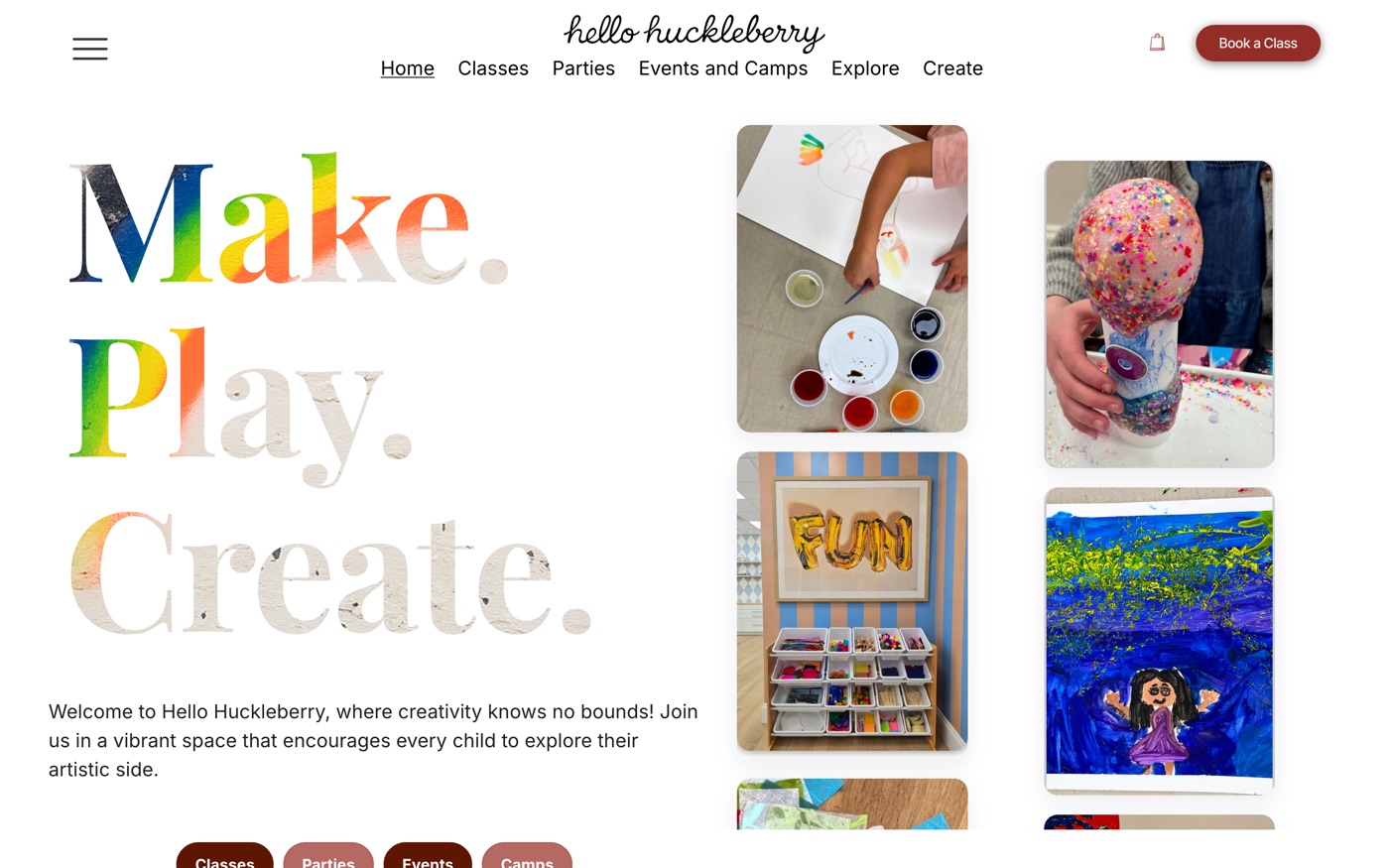 Hello Huckleberry website — colorful homepage for a children's art studio