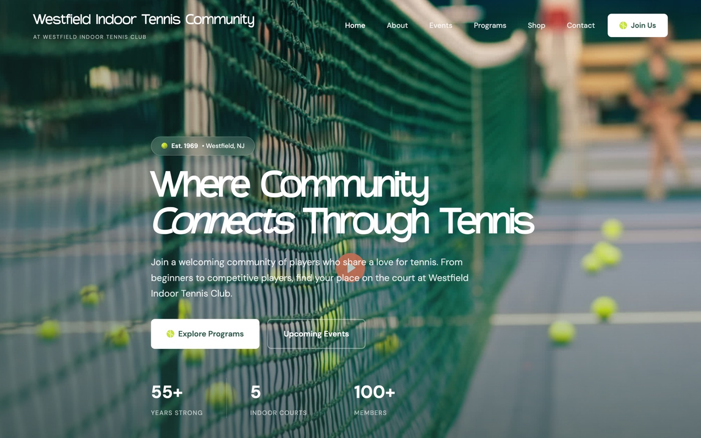 Westfield Indoor Tennis Community website — cinematic homepage for a NJ tennis club
