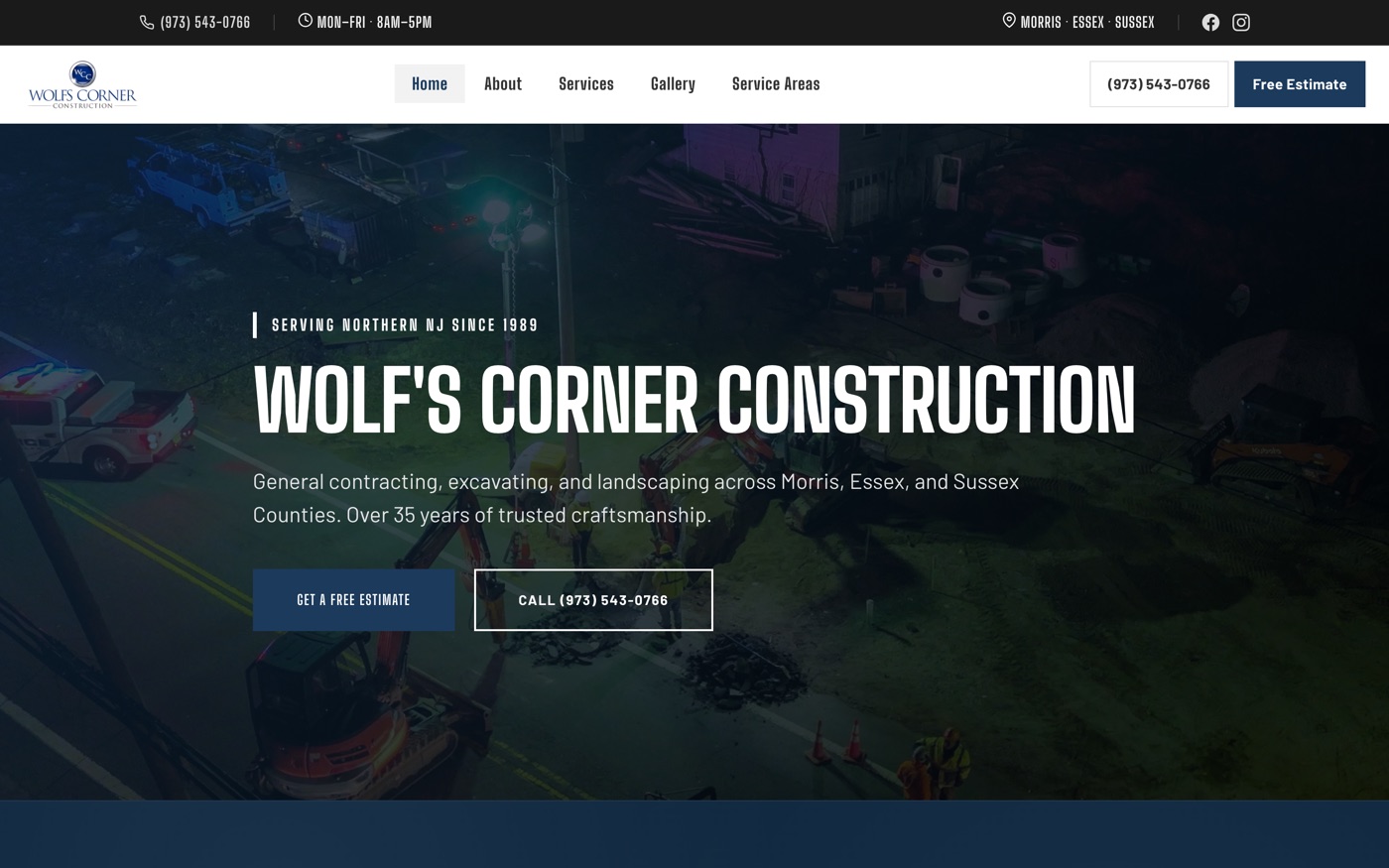Wolf's Corner Construction website — bold dark homepage for a Northern NJ general contractor